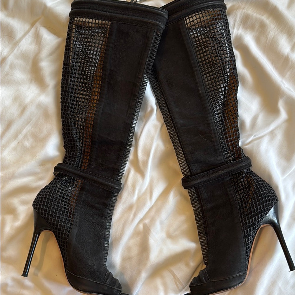L.A.M.B. Black Mesh Stiletto Heeled Boots Open Toe